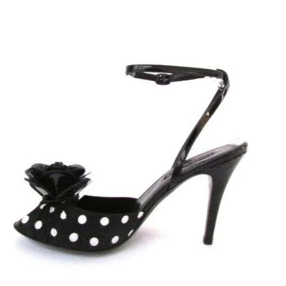 Designer Ralph Lauren Black White Polka Dot Flower Detail Ankle Strap Sandals - Picture 1 of 8